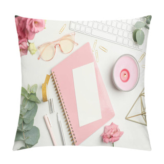 Personality  Composition With Female Accessories On White Background. Woman Blogger Pillow Covers
