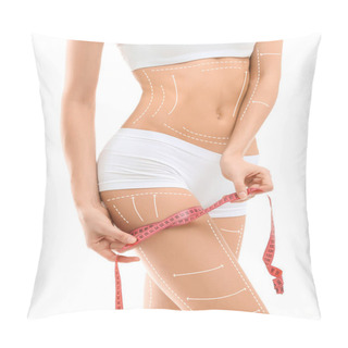 Personality  Young Woman With Marks For Liposuction Operation And Measuring Tape On White Background. Cosmetic Surgery Pillow Covers