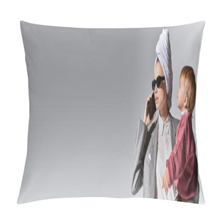 Personality  Phone Call, Businesswoman In Sunglasses Holding In Arms Daughter And Standing With Towel On Head, Balancing Lifestyle, Businesswoman In Formal Wear Talking On Smartphone On Grey Background, Banner Pillow Covers