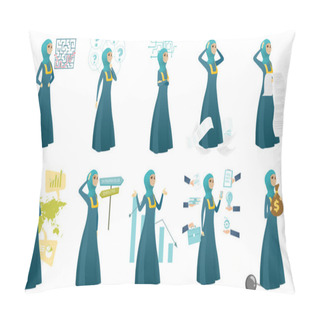 Personality  Muslim Business Woman Vector Illustrations Set. Pillow Covers