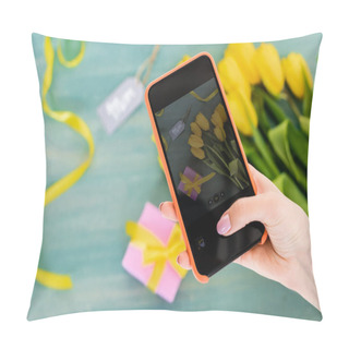 Personality  Selective Focus Of Woman Taking Photo Of Yellow Tulips, Gift Box And Mom Tag Lettering  On Textured Surface, Mothers Day Concept  Pillow Covers