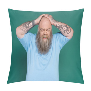 Personality  Upset Bearded Man With Overweight Touching Bald Head Isolated On Green Pillow Covers