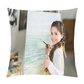 Personality  Smiling Kid Painting In Workshop Of Art School And Showing Thumb Up Pillow Covers