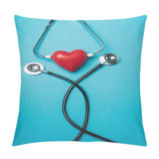 Personality  Top View Of Decorative Red Heart With Black Stethoscope On Blue Background, World Health Day Concept Pillow Covers