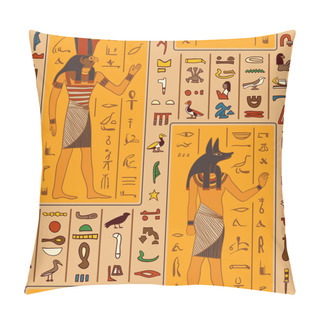 Personality  Seamless Pattern With Egyptian Gods And Ancient Egyptian Hieroglyphs. Retro Hand Drawn Vector Illustration Pillow Covers