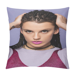 Personality  Portrait Of Pretty Woman In Makeup Touching Braided Hair While Looking At Camera Isolated On Purple Pillow Covers
