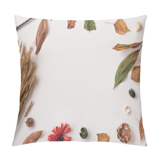 Personality  Autumn Frame: Fallen Leaves, Dry Petals, Dried Flowers And Plants, Wheat Bunch On White With  Empty Circle Space For Text In Center. Top View. Flat Lay. Pillow Covers