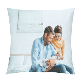 Personality  Happy Man Holding Little Baby While Sitting On Bed Near Smiling Wife Pillow Covers