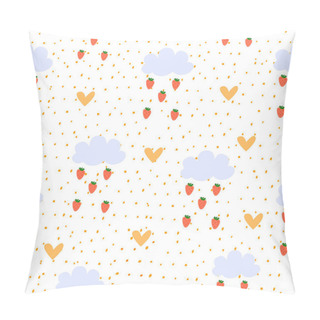 Personality  Vector Seamless Cute Pattern With Children S Elements. Clouds From Which Strawberry Rain Is Falling. Dots, Hearts. Vector Illustration On White Background. Print For Textiles Clothing Tableware Poster Pillow Covers