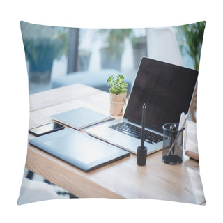 Personality  Laptop And Graphics Tablet With Smartphone On Tabletop Pillow Covers