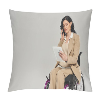 Personality  Confident Woman With Disability In Looking At Tablet And Talking By Phone While In Wheelchair Pillow Covers