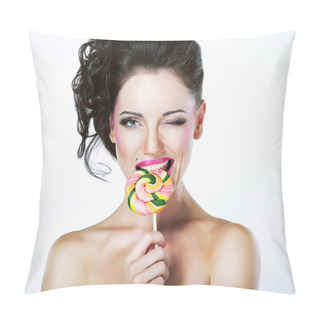 Personality  Coquette. Funny Quaint Brunette With Colorful Lollipop Pillow Covers