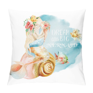 Personality  Beautiful Watercolor Mermaid Mother With Little Daughter Mermaid Sitting On Seashell With Fishes And Flowers, Floral Bouquets And Quote Pillow Covers