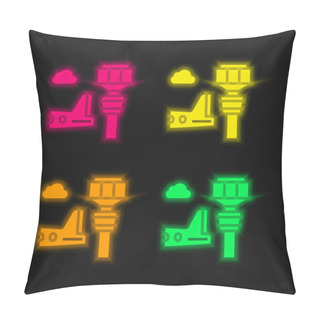 Personality  Airport Tower Four Color Glowing Neon Vector Icon Pillow Covers