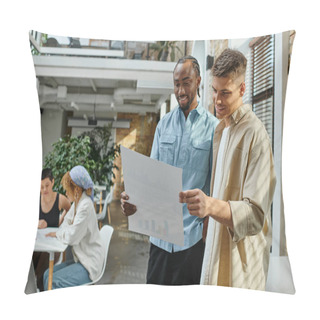 Personality  Happy Interracial Men Looking At Project On Paper, Office Workers Smiling Near Female Colleagues Pillow Covers