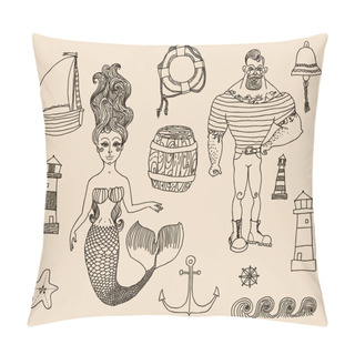 Personality  Set With Sailor, Lighthouse, Mermaid, Ship And Other. Pillow Covers