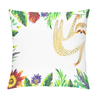 Personality  Sloth With Tropical Leaves And Flower Frame Pillow Covers
