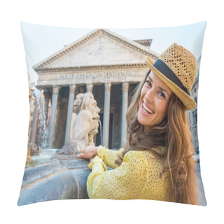 Personality  Portrait Of Smiling Young Woman Near Fountain Of The Pantheon In Pillow Covers