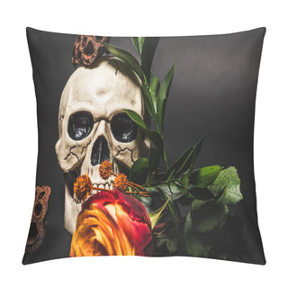 Personality  Orange Flower Near Creepy Skull And Dried Lotus Pods On Black  Pillow Covers