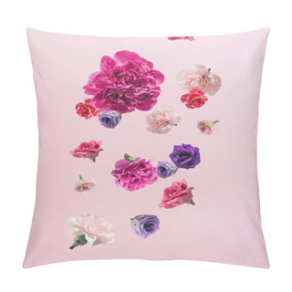 Personality  Colorful Spring Composition Made Of Carnations, Lisianthus And Roses In Pink, Purple And Fuchsia, Arranged To Look As If Falling Against Pastel Pink Background. Nature Flower Concept. Pillow Covers