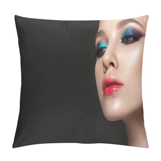 Personality  Beautiful Woman Portrait With Bright Colorful Make Up On Black Background. Pillow Covers