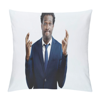 Personality  African American Businessman In Suit With Crossed Fingers Isolated On Blue Pillow Covers