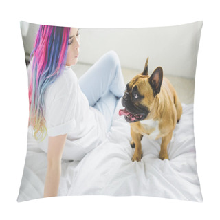 Personality  Beautiful Girl With Colorful Hair Whistling And Looking At French Bulldog While Sitting On Bed  Pillow Covers