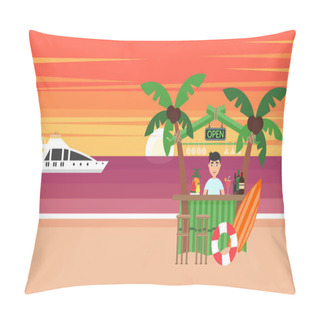 Personality  Summer Background - Sunset Beach. Vacation At The Ocean. The Sun Going Down Over The Horizon Is Sunset. Sea, Yacht, Bar And A Palm Tree. Vector Illustration. Modern Flat Design. Pillow Covers