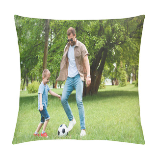Personality  Father And Son Having Fun And Playing Football At Park Pillow Covers