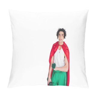 Personality  Young Skinny Sportsman With Dumbbells Standing In Red Cape Isolated On White Pillow Covers