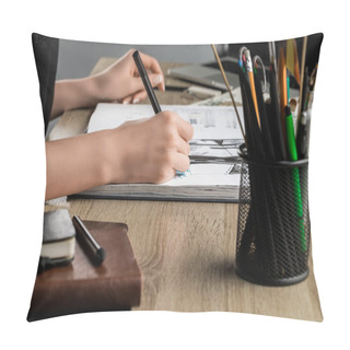 Personality  Selective Focus Of Womans Hands Painting In Album On Wooden Table Next To Drawing Utensils Pillow Covers