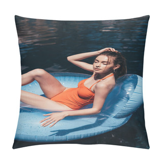 Personality  Beautiful Young Woman Sunbathing On Swim Ring In Swimming Pool With Closed Eyes Pillow Covers
