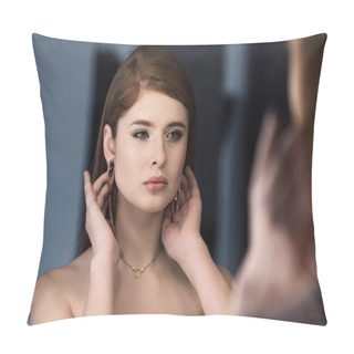 Personality  Young Stylish Female Model With Earrings Looking At Own Reflection Pillow Covers