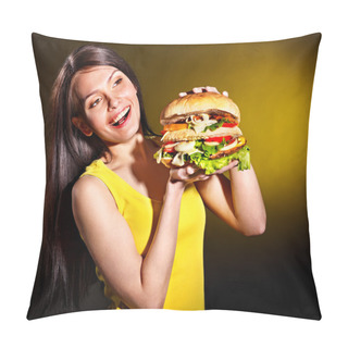 Personality  Woman Holding Hamburger. Pillow Covers