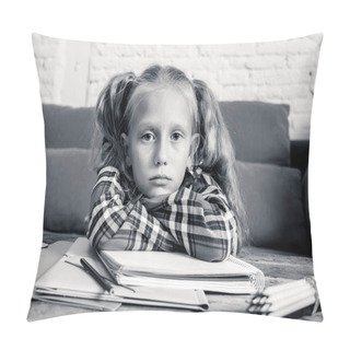 Personality  Beautiful Cute Blonde 9 Years Elementary Student Feeling Sad Bored And A Overwhelmed Trying To Study At Home In Learning Difficulties Exams Homework And School Education Concept. Pillow Covers