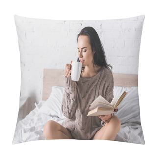 Personality  Young Brunette Woman In Sweater Sitting In Bed With Mug Of Hot Cocoa And Book At Morning Pillow Covers