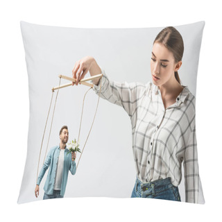 Personality  Female Puppeteer Holding Male Marionette With Flowers Isolated On Grey Pillow Covers