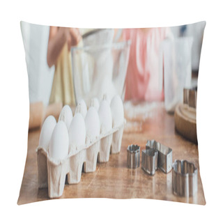 Personality  Selective Focus Of Chicken Eggs And Cookie Cutters Near Woman And Child Sieving Flour, Horizontal Concept Pillow Covers