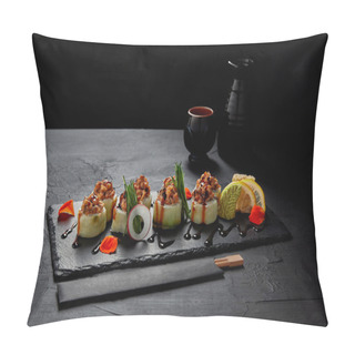 Personality  Gourmet Sushi Roll With Creamy Eel And Kimchi Mayonnaise On Slate Board And Chopsticks   Pillow Covers