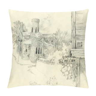 Personality  Pencil Drawing. Cityscape With The Old Church Pillow Covers