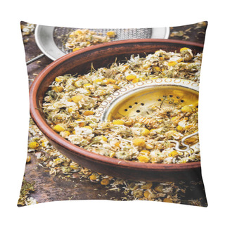 Personality  Dried Chamomile Flowers On Wooden Table.Alternative Medicine Pillow Covers