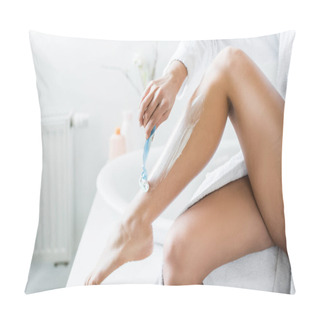 Personality  Partial View Of Young Adult Woman Shaving Leg With Razor In Bathroom  Pillow Covers