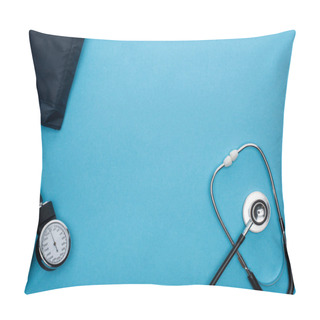 Personality  Top View Of Sphygmomanometer And Stethoscope On Blue Background Pillow Covers
