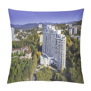 Personality  Apartment House White On The Background Of Mountains And Forests In The Neighborhood Bytha In Sochi. Residential Area, City Area, Apartments By The Sea. Pillow Covers