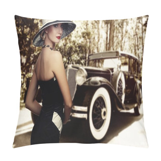 Personality  Woman In Hat Against Retro Car Pillow Covers