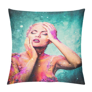 Personality  Beautiful Young Woman With Conceptual Colourful Body Art  Pillow Covers