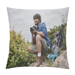 Personality  Travel Photographer Concept, Happy Indian Man Taking Photo On Camera In Natural Place, Banner Pillow Covers