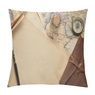 Personality  Top View Of Vintage Blank Paper With Fountain Pen Near Compass And Leather Notepad On Map Background Pillow Covers