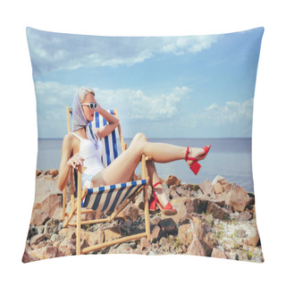 Personality  Attractive Elegant Girl In Retro Swimsuit Resting In Beach Chair On Rocky Shore Near The Sea Pillow Covers