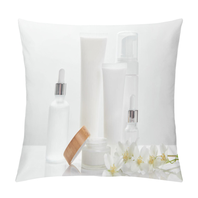 Personality  Jasmine Flowers On White Surface Near Glass Bottles, Cream In Tubes, Jar And Cosmetic Dispenser Pillow Covers